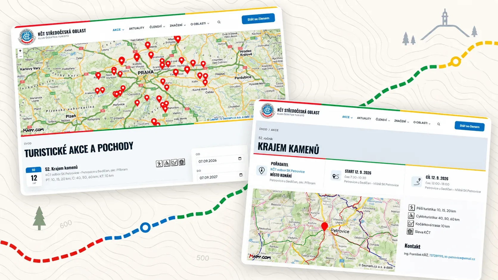 Výpis akcí s mapou a detail jedné akce — obojí sestavené z dat centrální databáze
