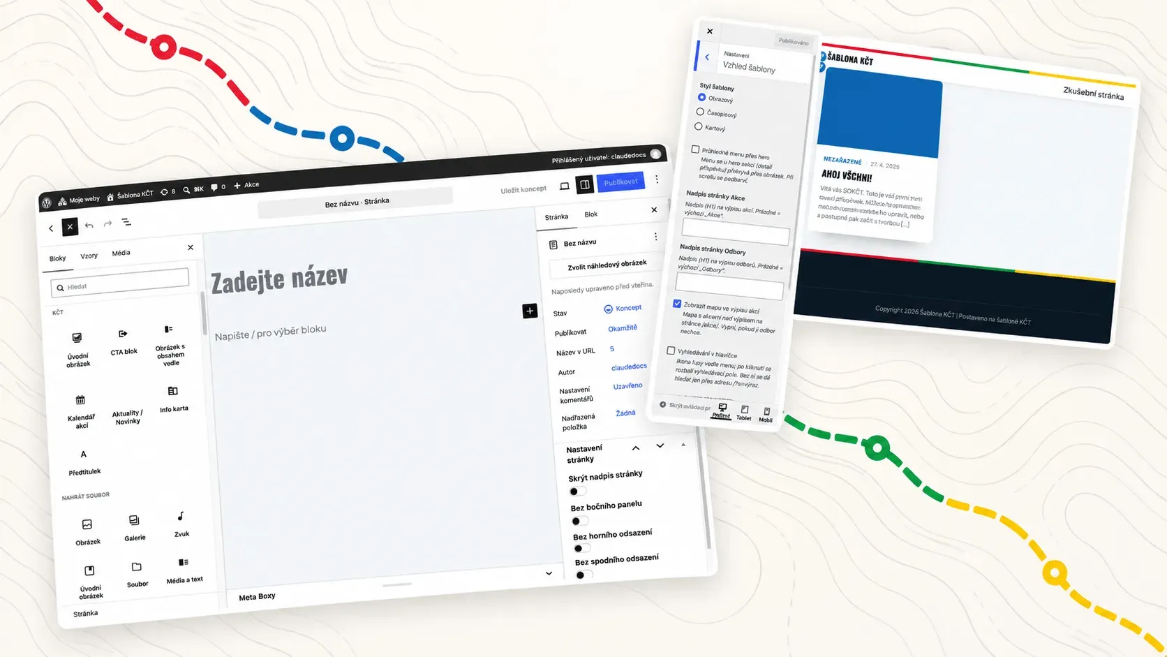 Vlastní bloky a nastavení vzhledu v administraci, vpravo ukázkový web šablony