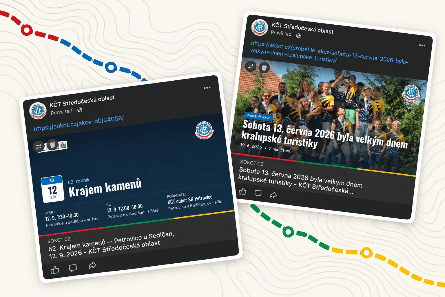 Automaticky vykreslená karta akce a náhled aktuality tak, jak se ukážou na Facebooku